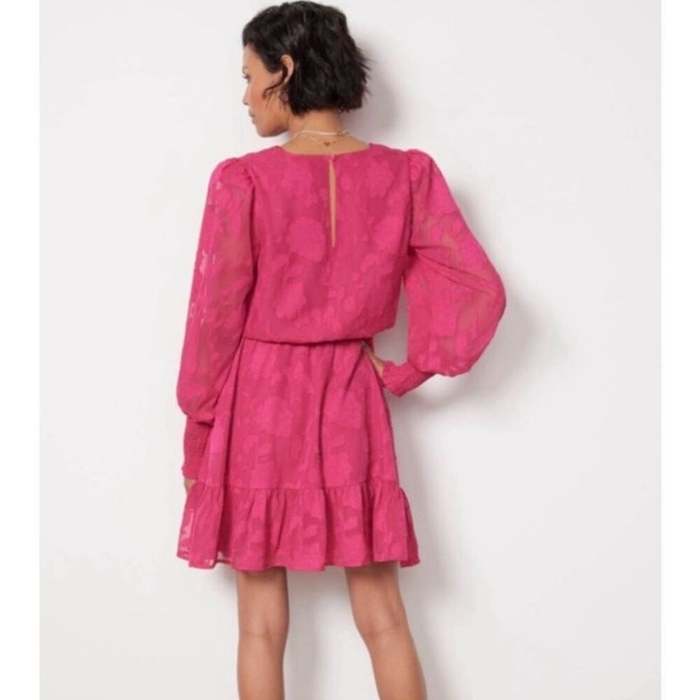 Evereve Mini Dress V Neck Long Sleeve Floral Fit and Flare Pink Fuchsia size Lar - Picture 2 of 13